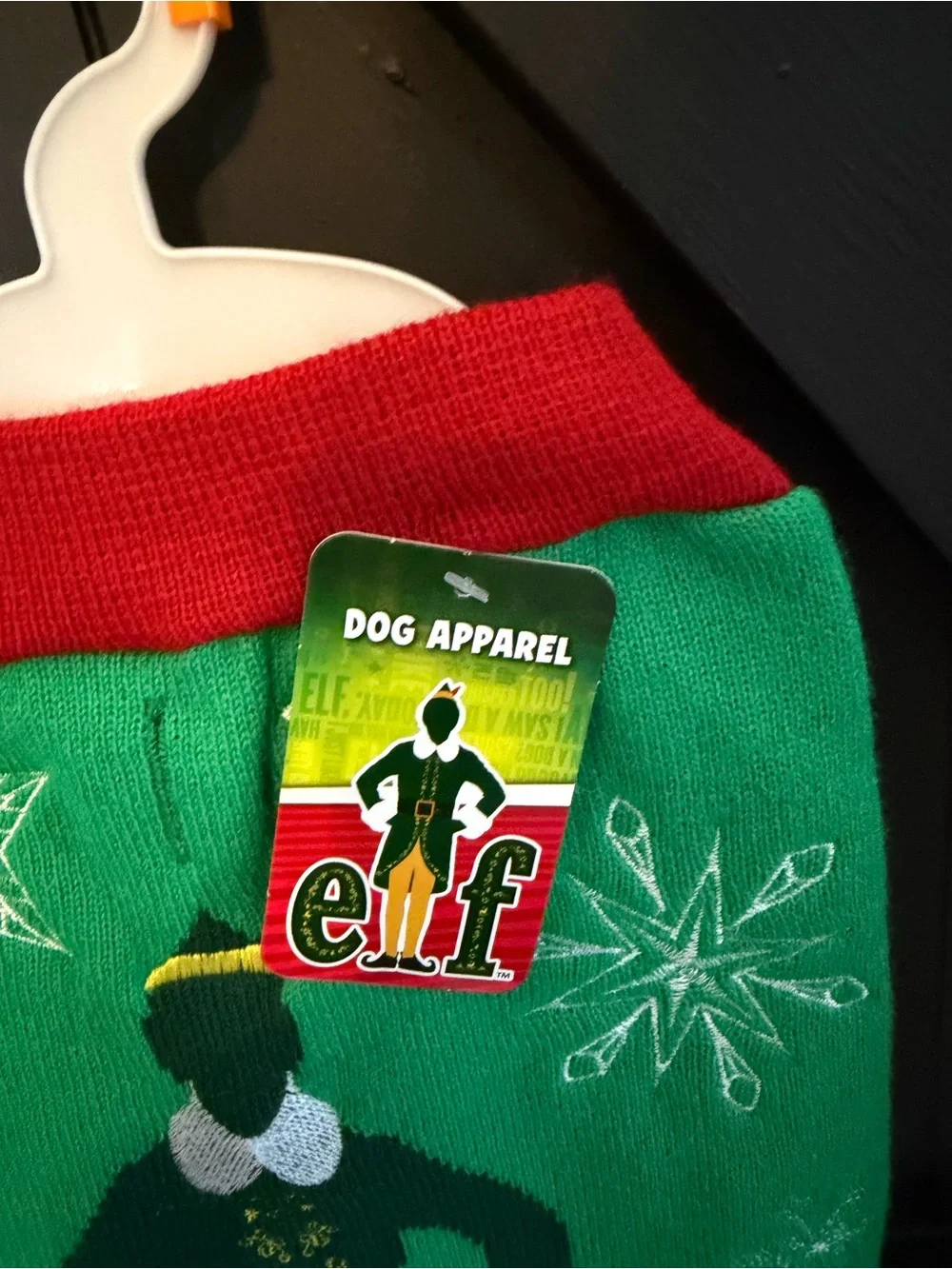 ELF Green and Red Festive Knit Dog Sweater with Elf Graphic